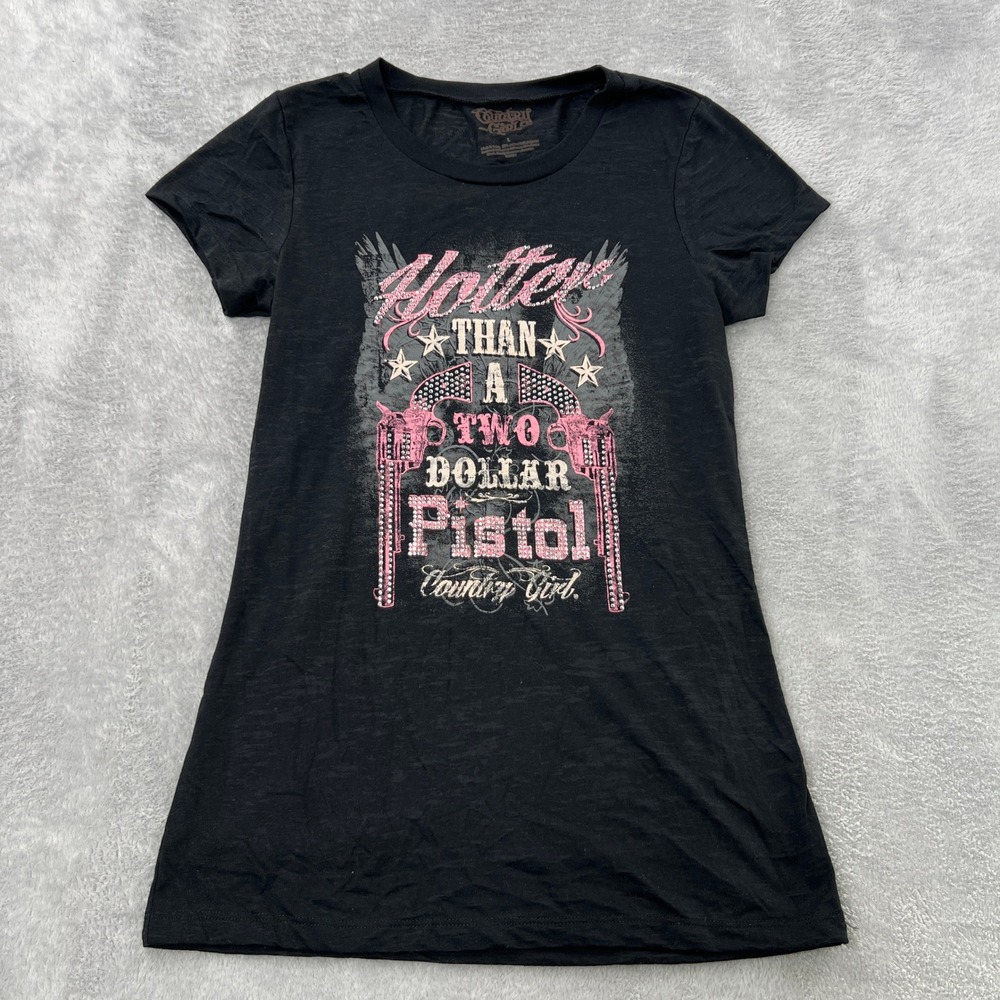 Country Girl Hotter Than A Two Dollar Pistol T-Shirt Size L Black Womens Western